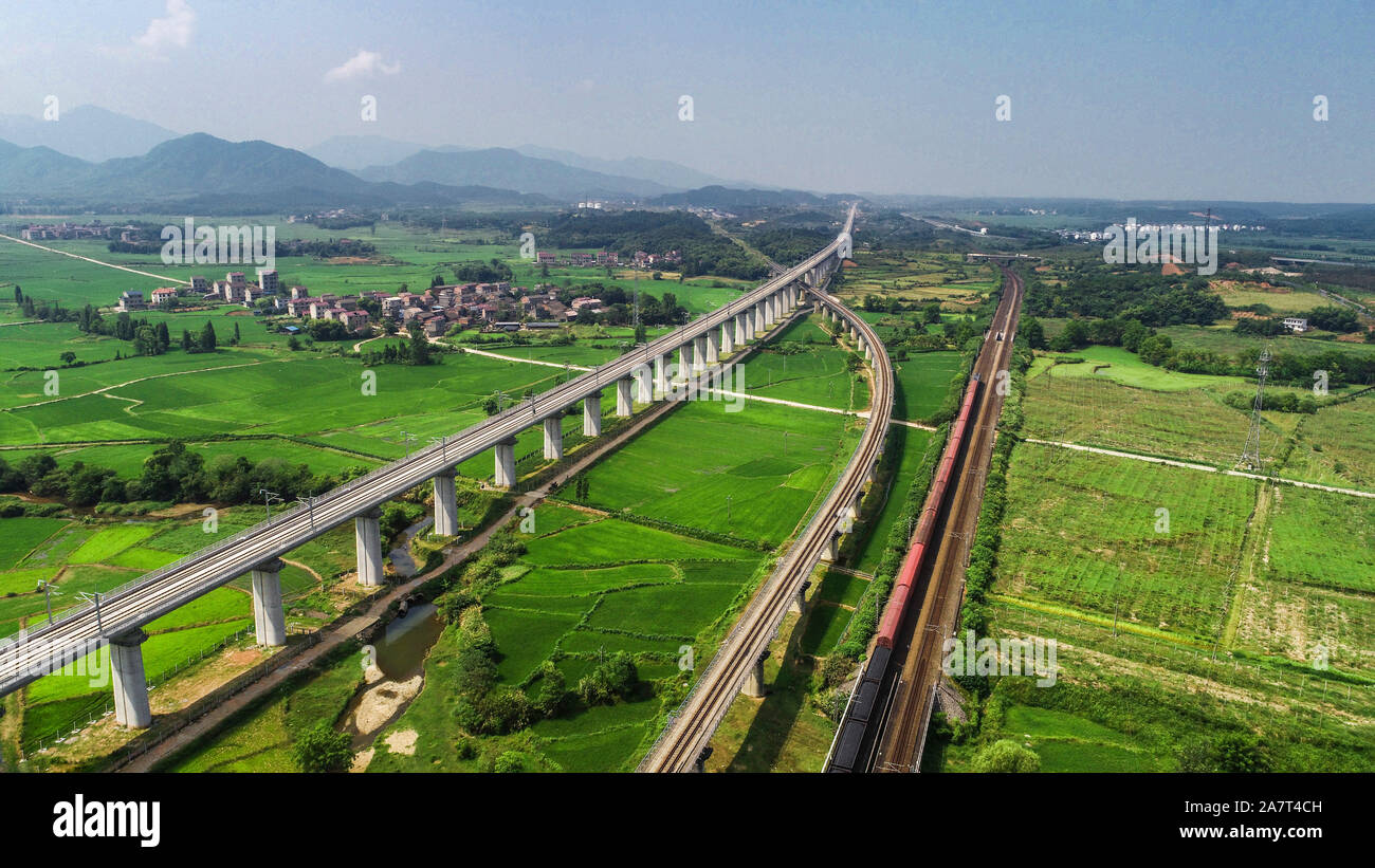 Aerial view of Changgan High Speed Rail, which will connect Nanchang and Ganzhou to form a high-speed rail network with Jiangxi province, being under Stock Photo