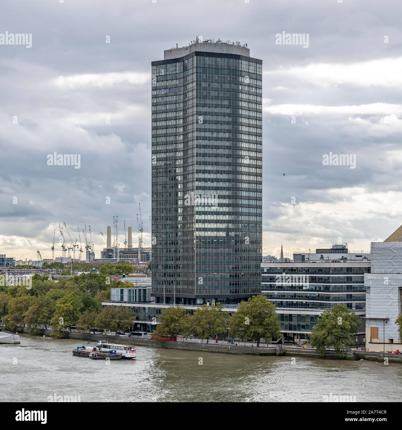 Milbank Tower, built in 1963 by Ronald Ward and Partners. Taken from across the Thames at the tower of the Garden Museum in Lambeth, London Stock Photo