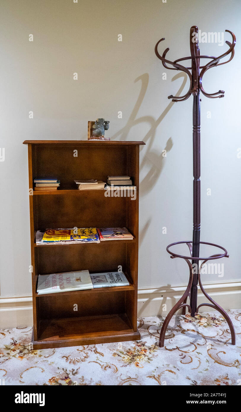 Display of a typical Australian hallway or corridor with bookcase and hatstand from 1930 to 1950 at National Wool Museum Geelong Victoria Australia. Stock Photo