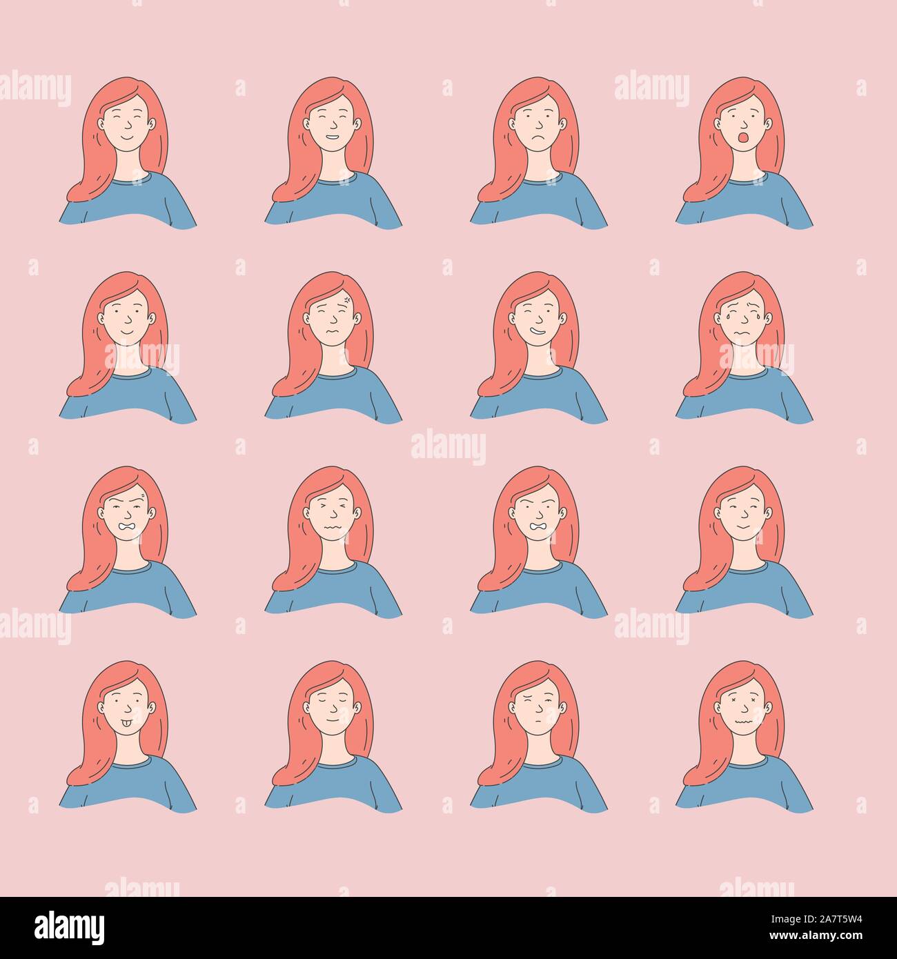 Young woman with different facial expressions.Young girl smiling, happy, kind, unhappy face character.Set of woman emotions.Facial expression.Lifestyl Stock Vector