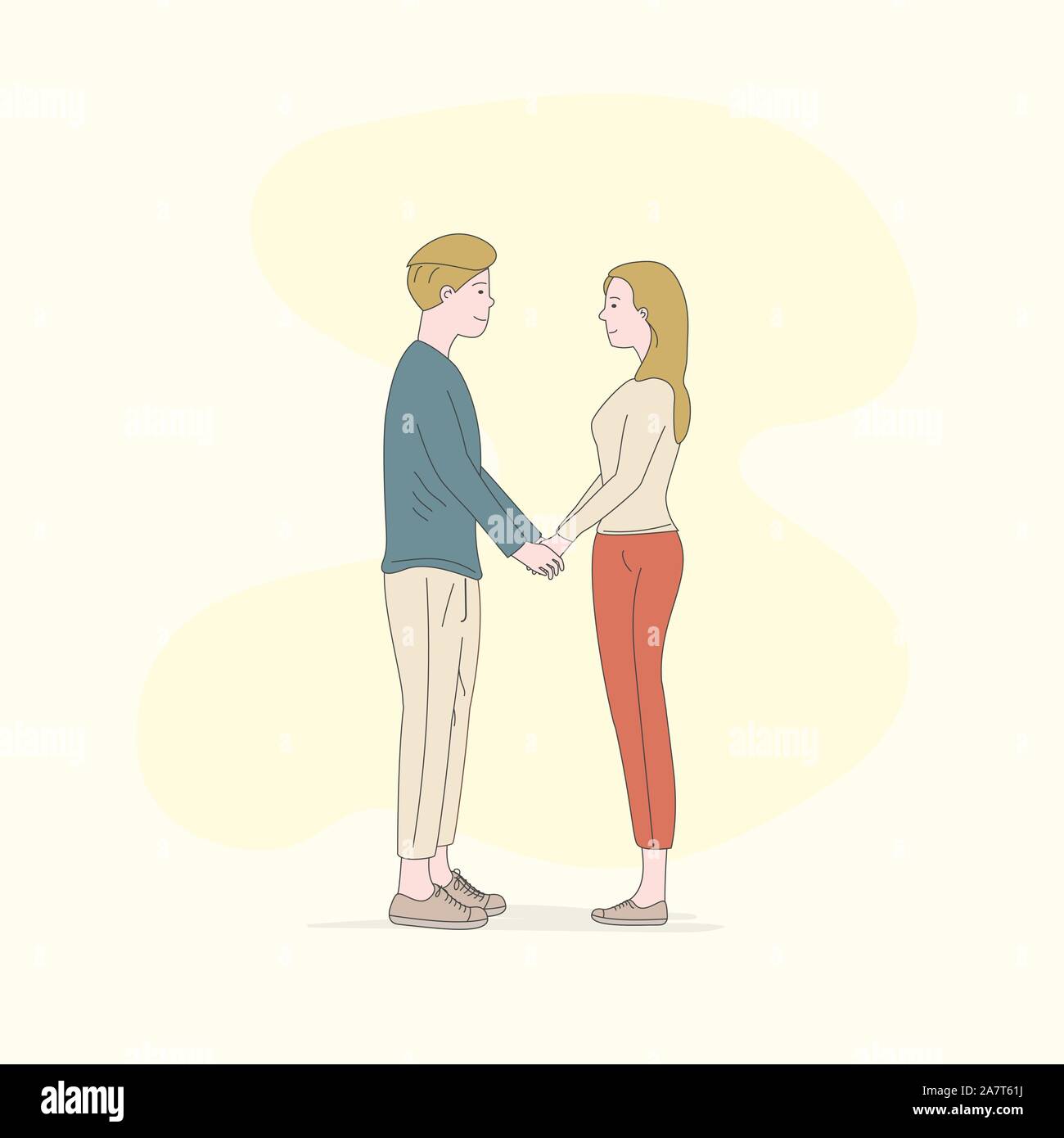 Young smiling couple holding hands while standing.Romantic couple having beautiful moments of happiness and joy.Love,dating,romance.Lifestyle concept. Stock Vector