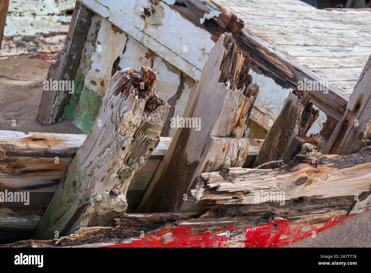 Close up of rotting wood on an old shipwreck at Crow Point in North Devon, UK Stock Photo