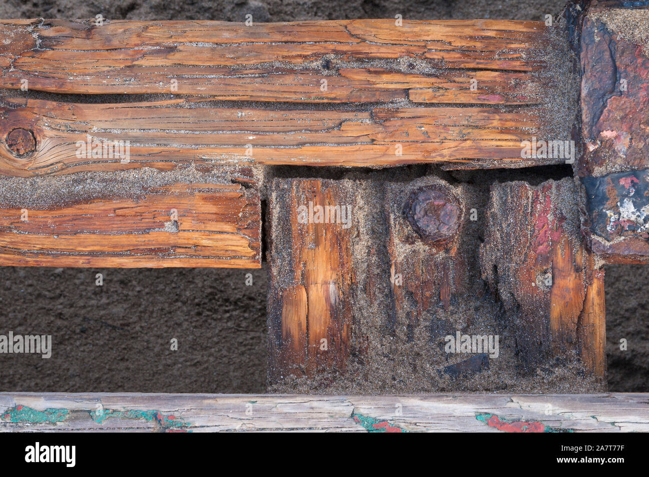 Close up of rotting wood on an old shipwreck at Crow Point in North Devon, UK Stock Photo