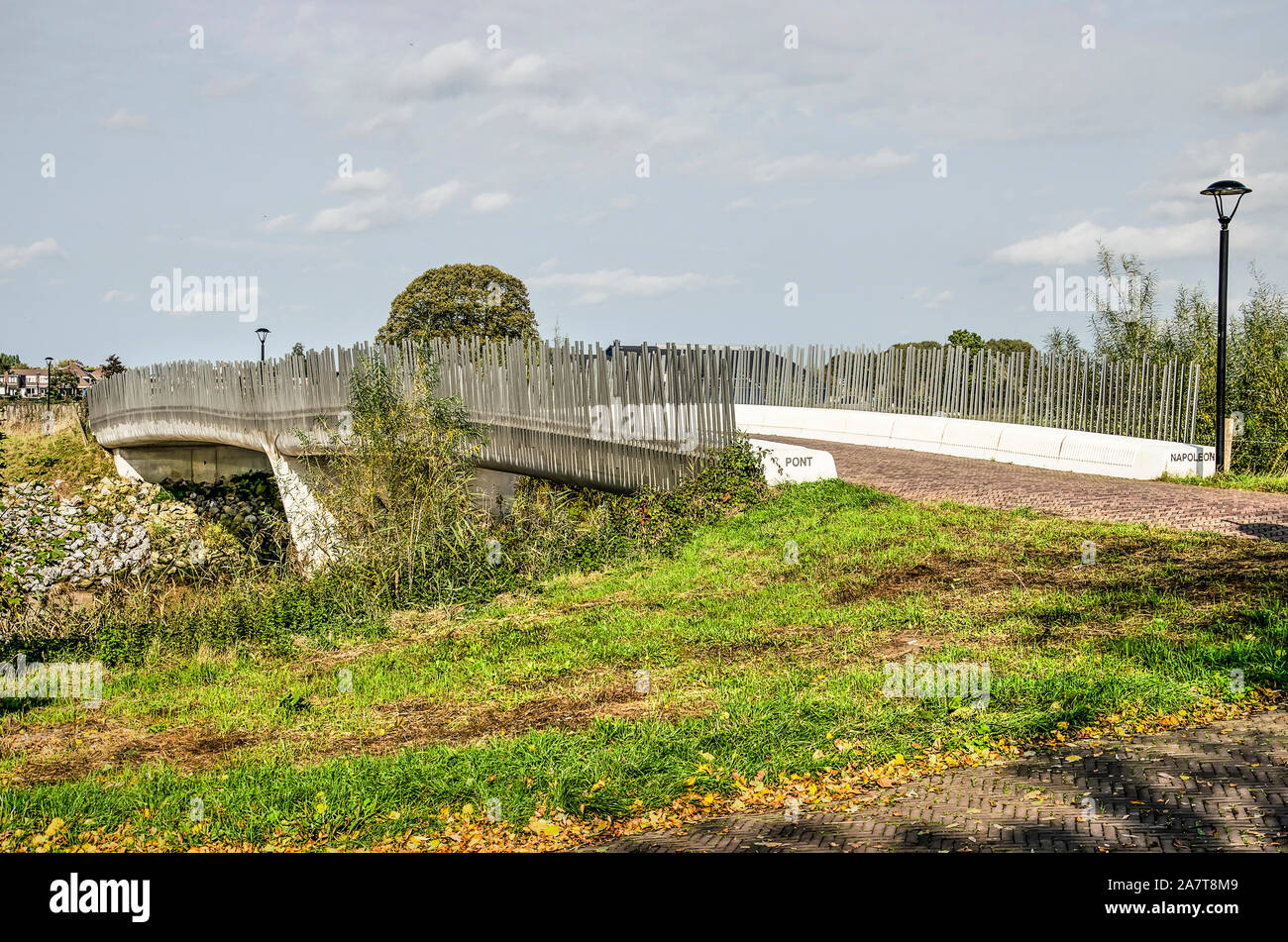 Vianen, the Netherlands, October 13, 2019: concrete bridge Pont Napoleon, constructed in 2016, crossing the new side channel to the main channel of th Stock Photo