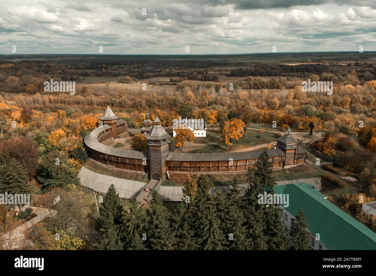 Aerial view of Baturin Castle with the Seym River in Chernihiv Oblast of Ukraine. Beautiful autumn landscape. Stock Photo