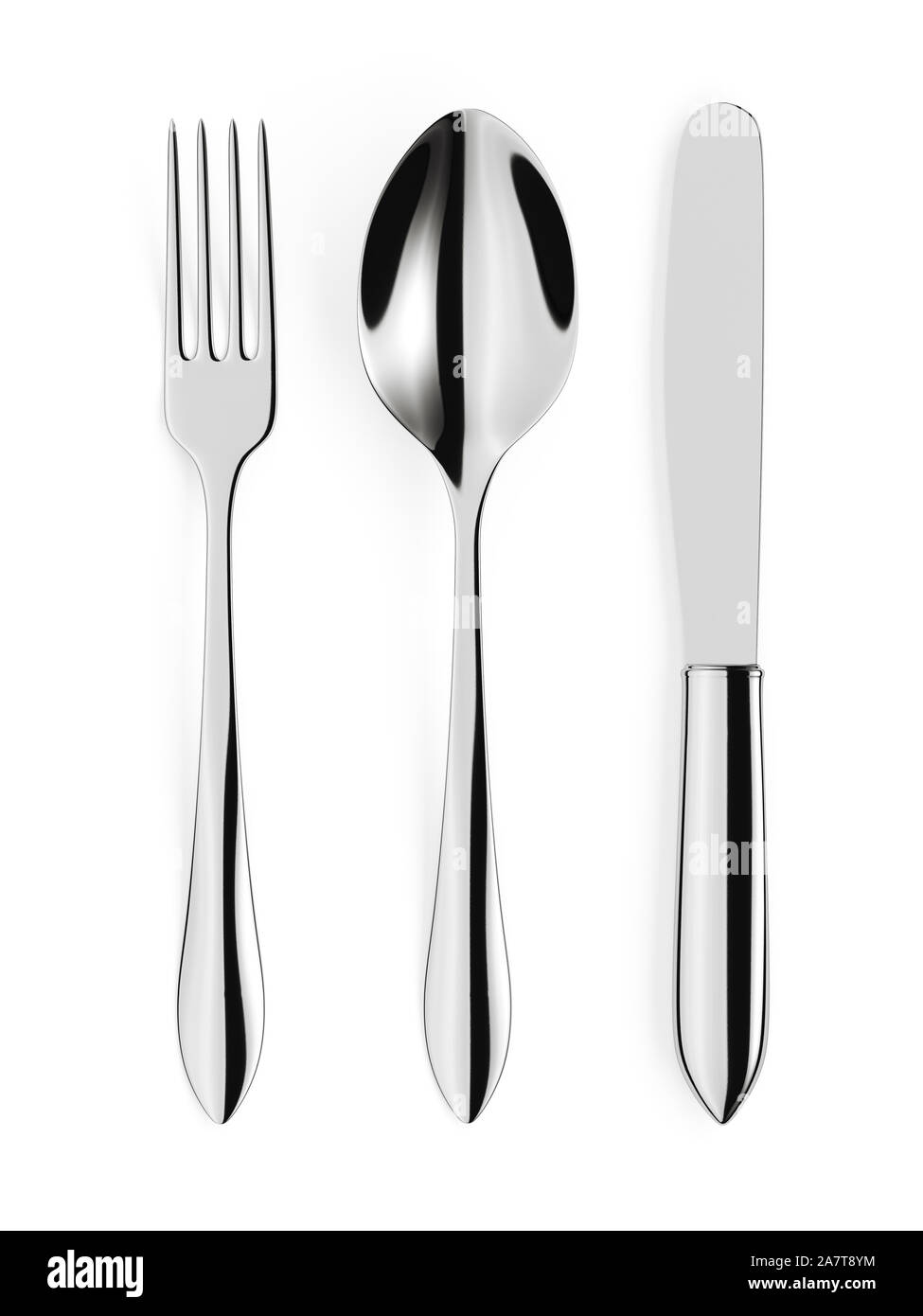 3d render of fork, spoon and knife isolated on white background Stock Photo