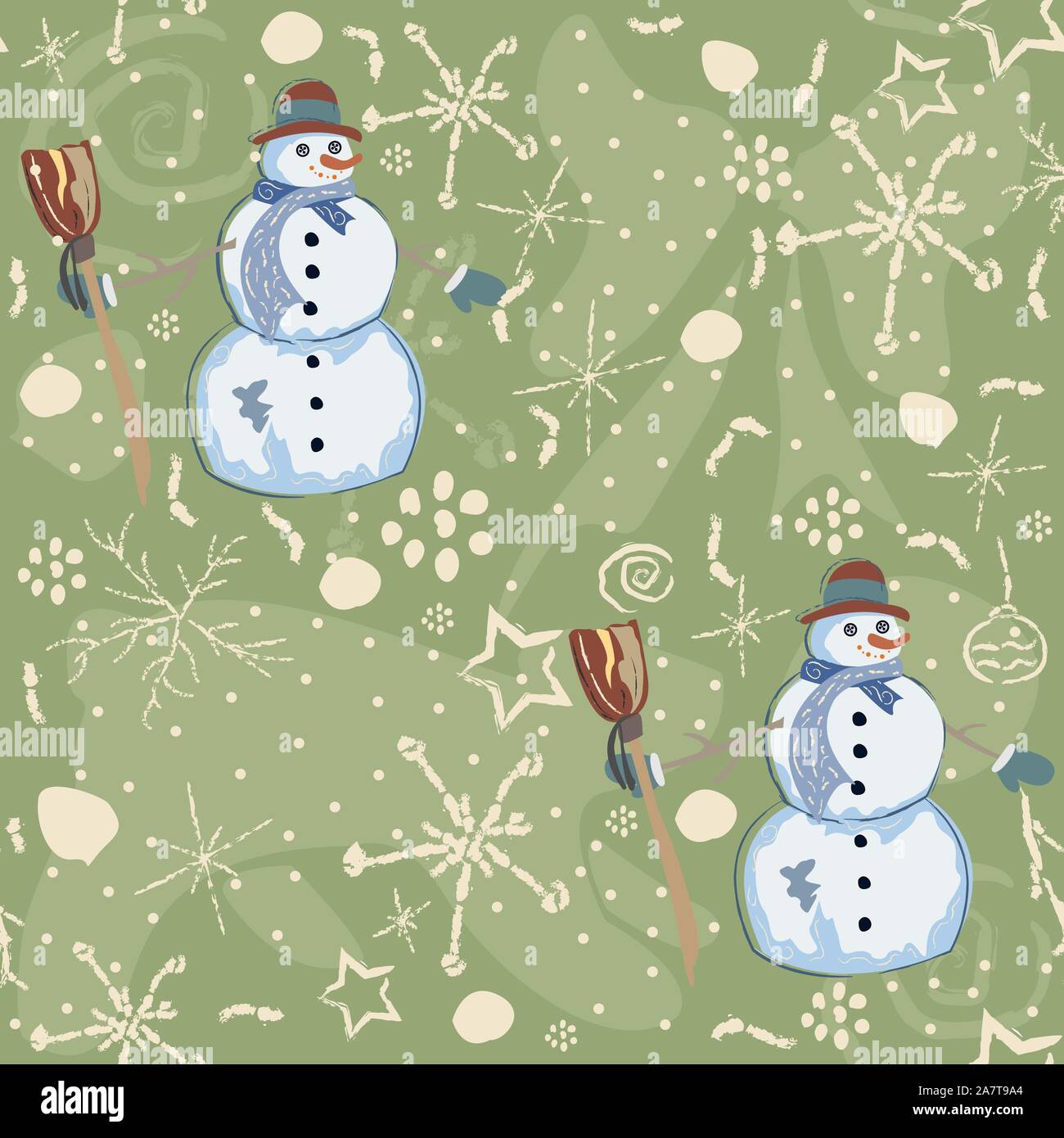 Seamless Pattern with snowman on green background. Vector Illustration ...