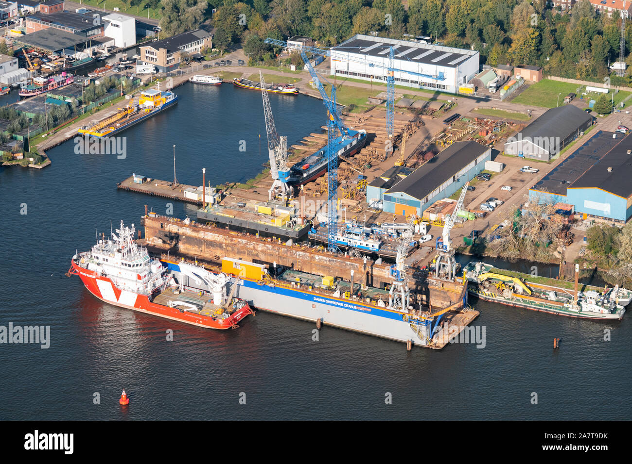 Aerial of Damen Ship repair Oranjewerf Amsterdam Stock Photo