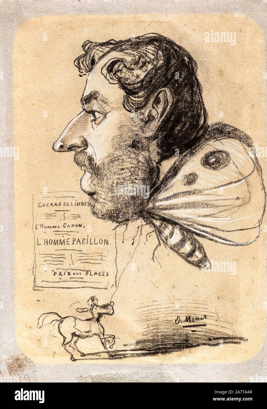 Claude Monet, Caricature of, Jules Didier, (“Butterfly Man”), portrait drawing , circa 1858 Stock Photo
