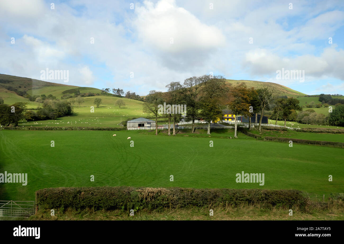 View of farm buildings and house home and fields from the Heart of Wales Line train near Llanwrtyd Wells Powys in Mid Wales Great Britain UK Stock Photo