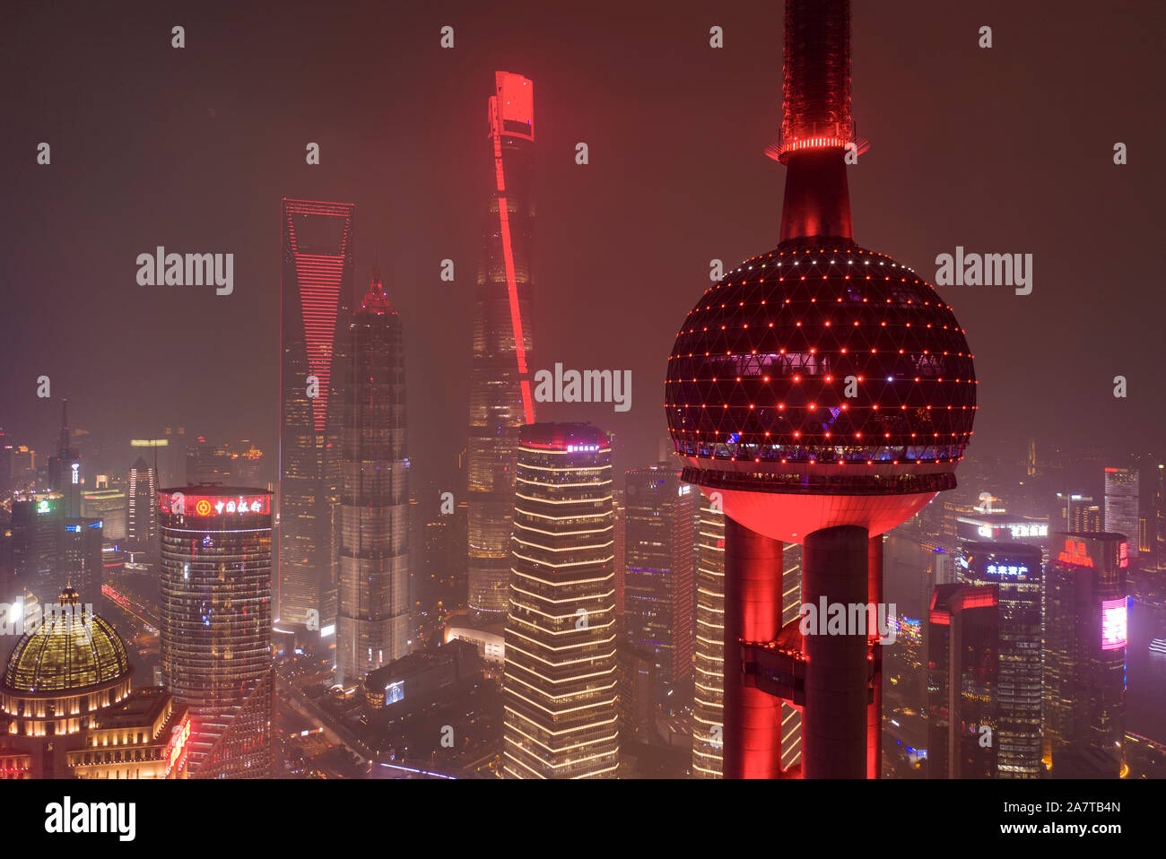 Cityscape of the Lujiazui Financial District with the Shanghai World Financial Center, second tallest, the Shanghai Tower, tallest, and the Oriental P Stock Photo