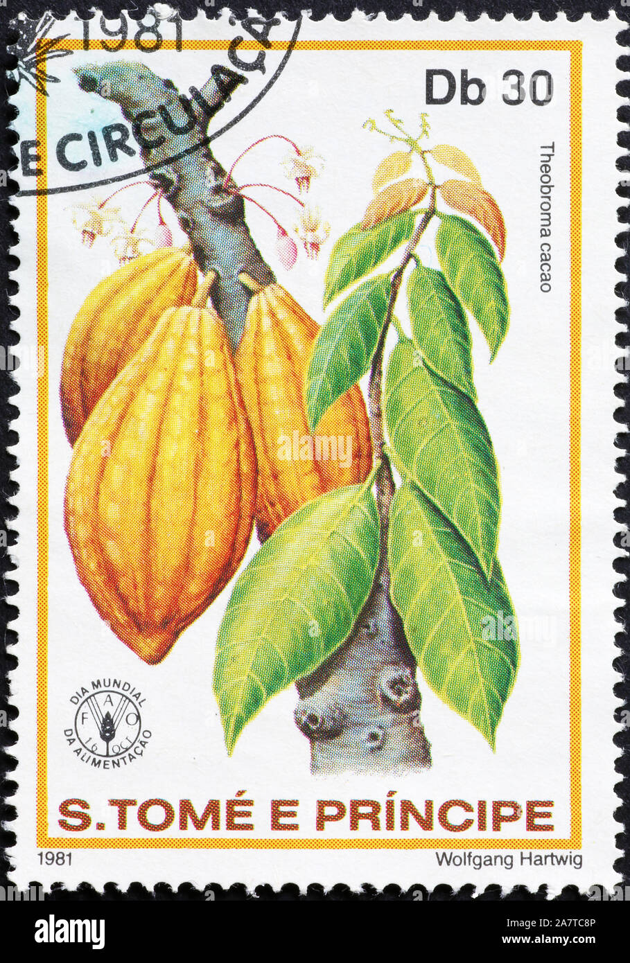 Cocoa pods on postage stamp of Saint Tomé Stock Photo