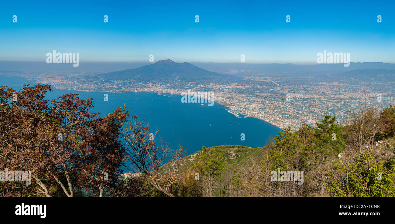 Panorama of the Gulf of Naples, with the Vesuvius volcano in the background, taken from the top of Mount Faito Stock Photo