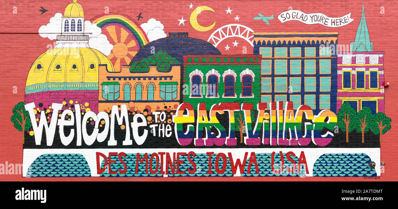 'Welcome to the East Village' mural in downtown Des Moines, Iowa, USA. Stock Photo
