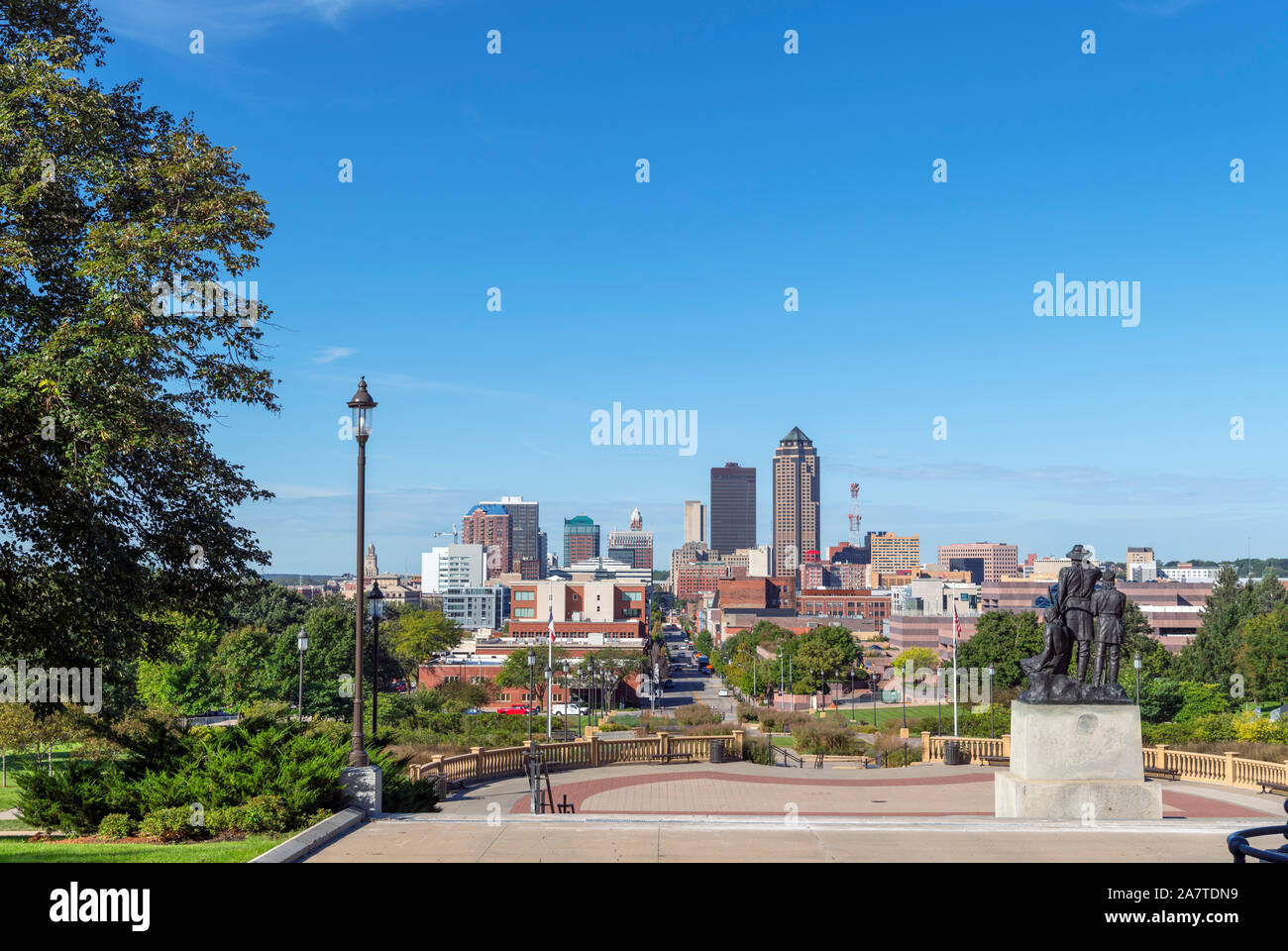 View of the downtown skyline from the steps of the Iowa State Capitol (Iowa Statehouse), Des Moines, Iowa, USA. Stock Photo