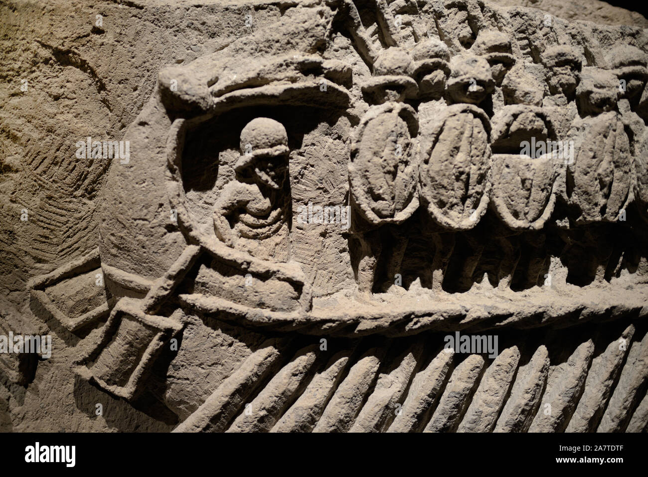 Roman Marble Relief of Roman Battleships or Ships & Roman Soldiers 200-30 BC (Pompeii Italy) Stock Photo