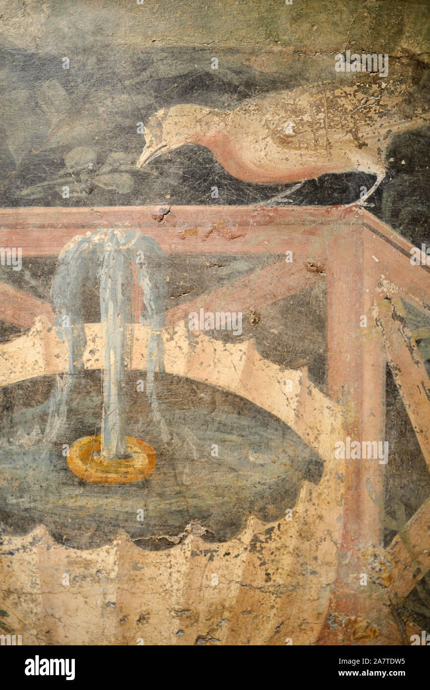 Roman Fresco or Wall Painting of Roman Garden with Fountain and Bird c1st AD Pompeii Italy Stock Photo