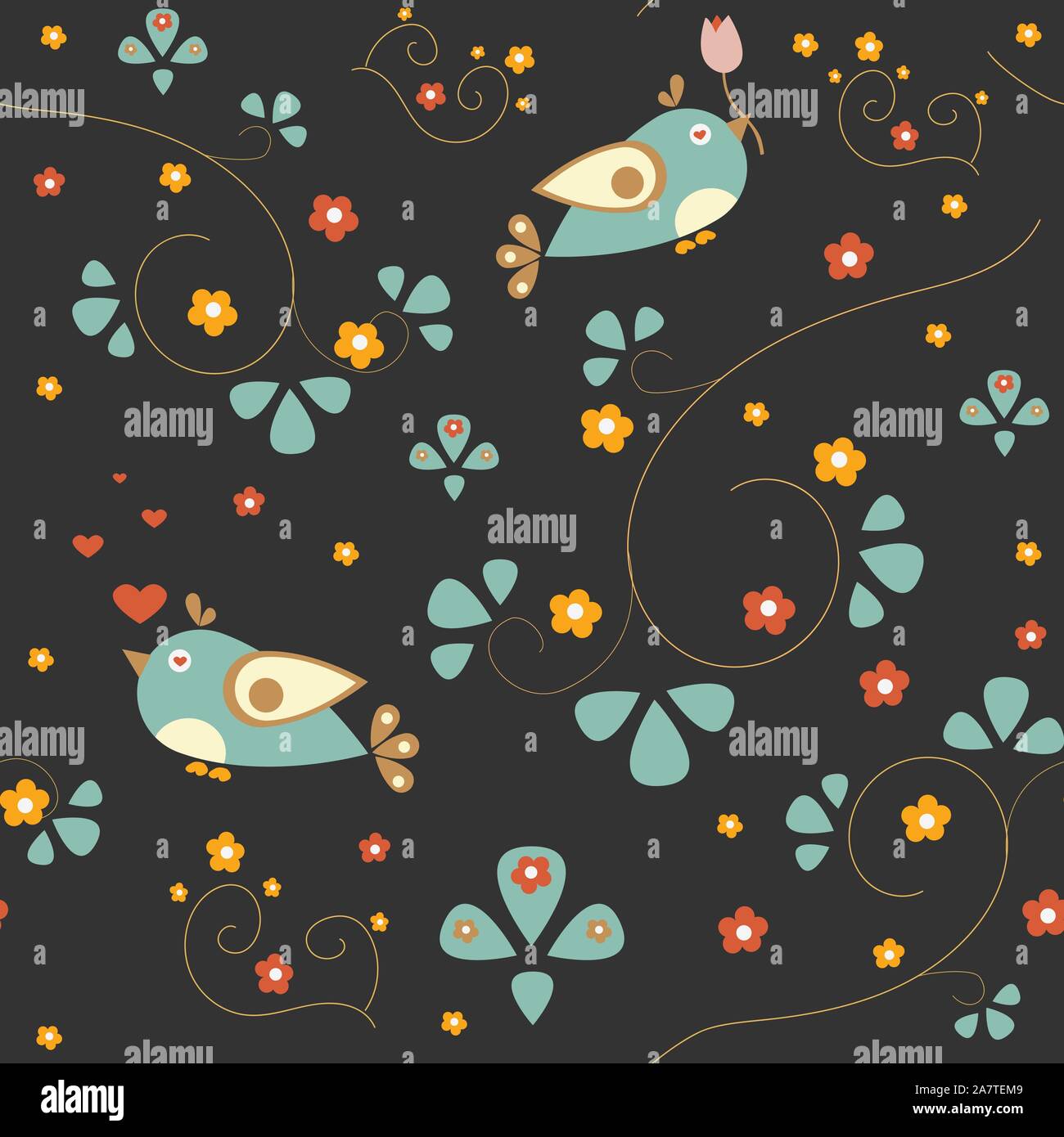 Seamless pattern with funny birds on brown background with small ...