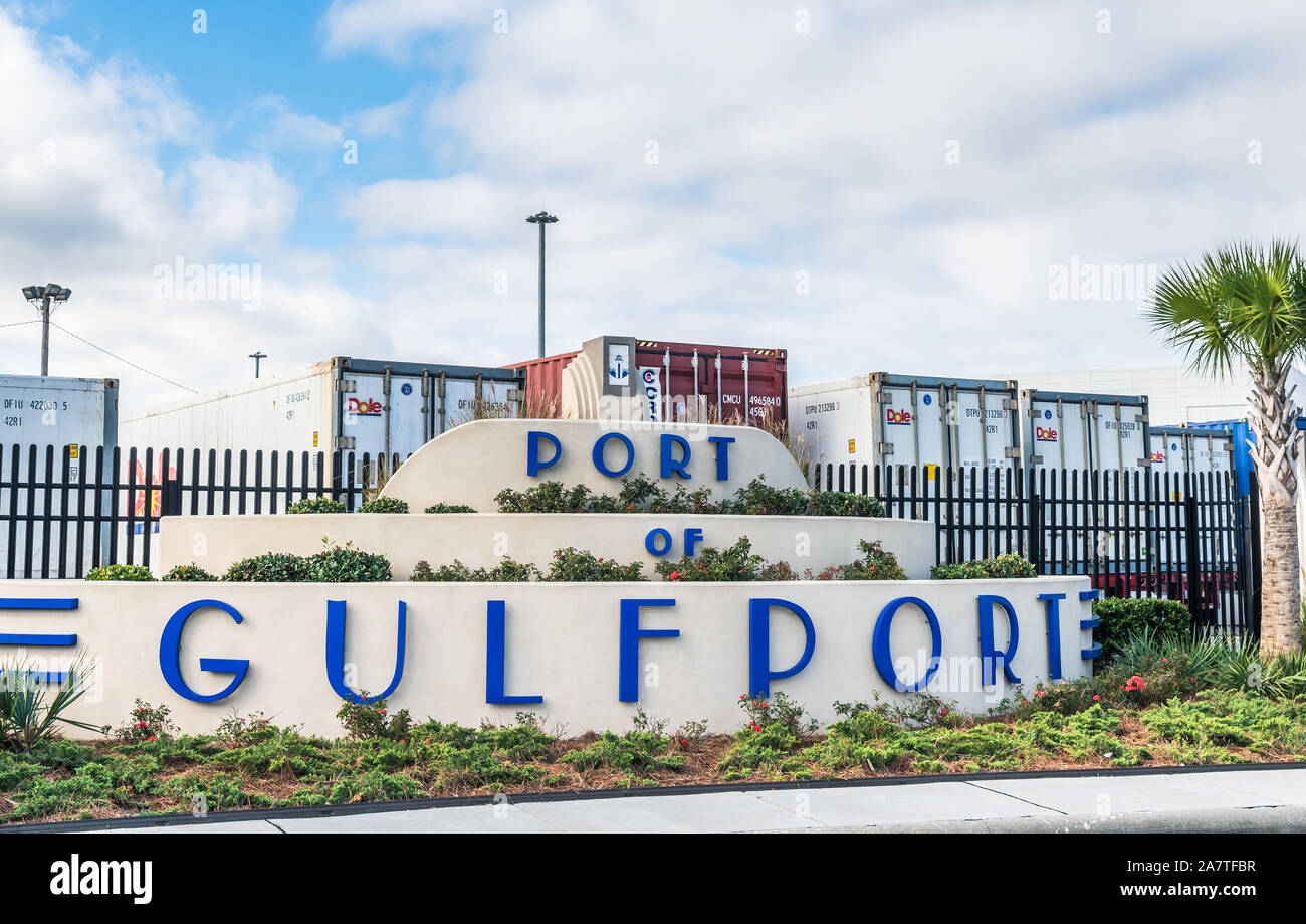 Port of Gulfport Mississippi sign and Dole Fresh Fruit Company tractor trailers, Harrison County, Mississippi, USA Stock Photo