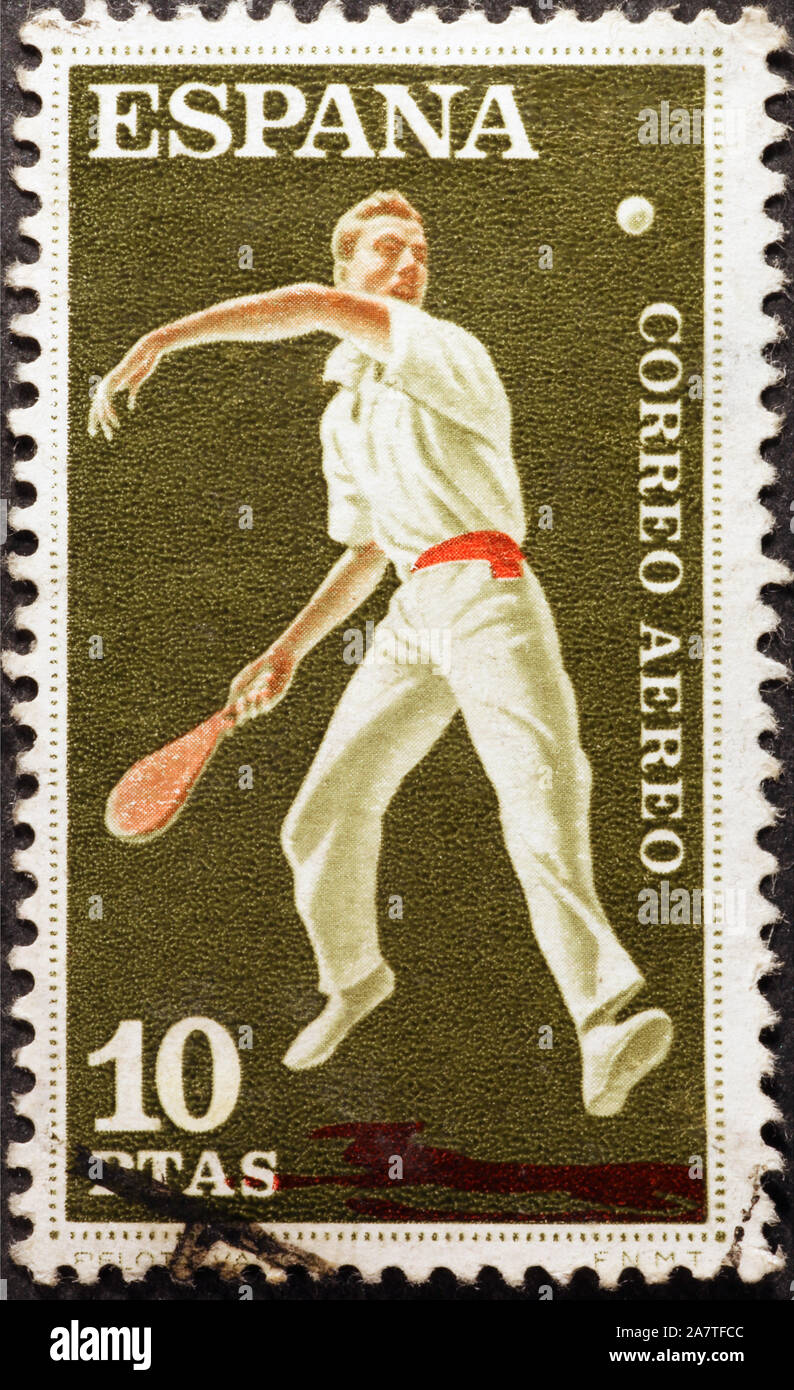 Basque pelota player on spanish postage stamp Stock Photo