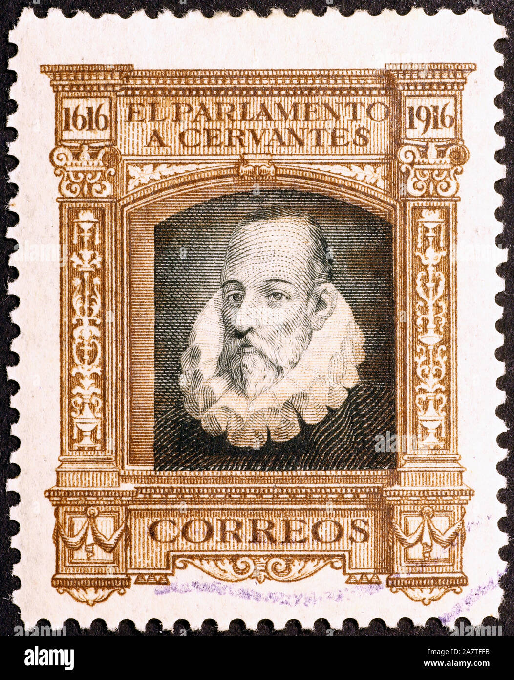 Miguel Cervantes on spanish stamp of 1915 Stock Photo