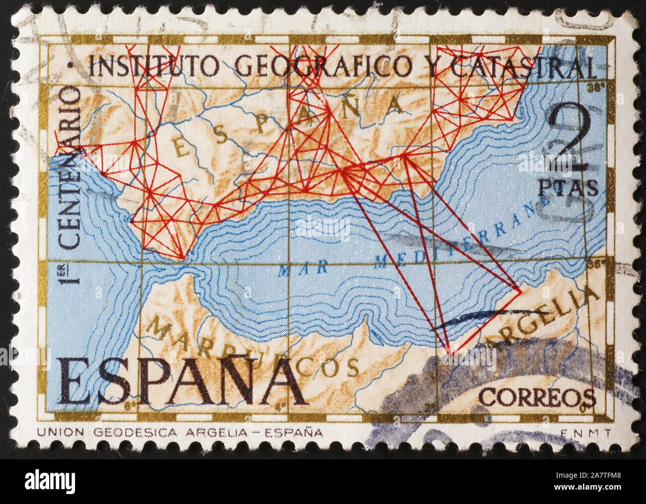 Strait of Gibraltar on spanish postage stamp Stock Photo