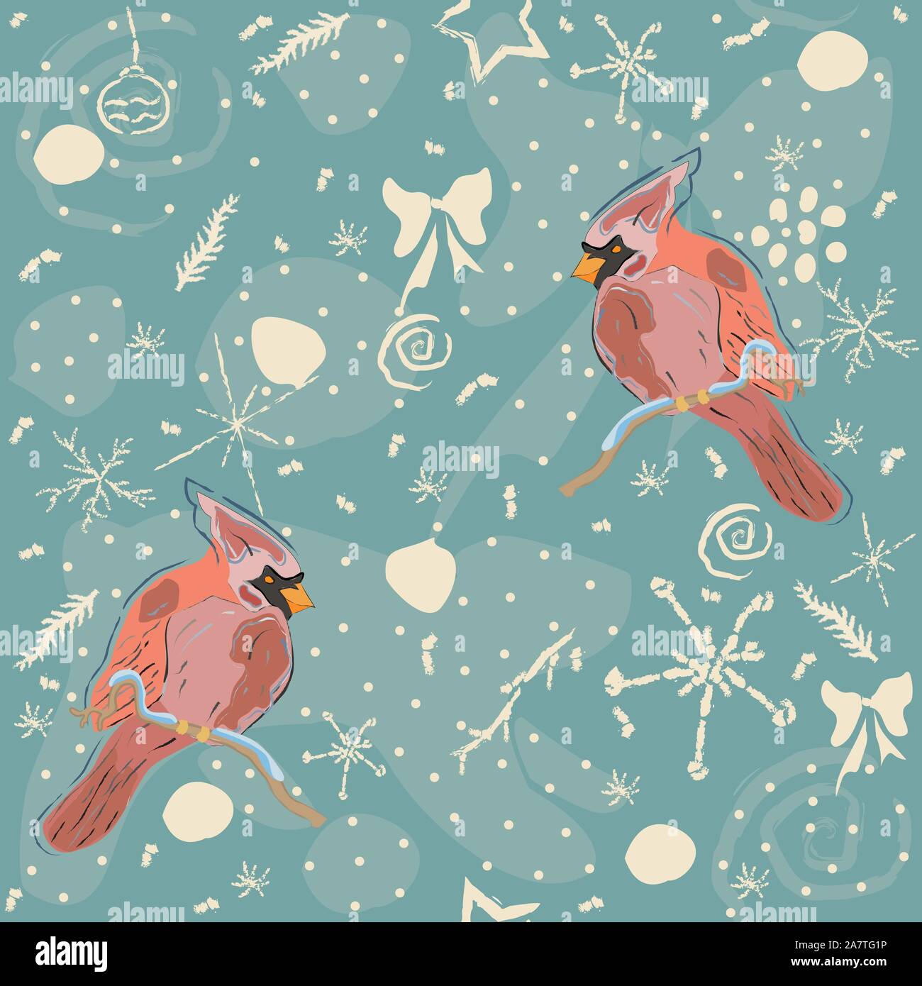 Seamless pattern with red cardinal birds on blue. or backgrounds, wallpapers, fabric, prints, textiles, swatches, etc.. Vector Illustration Stock Vector