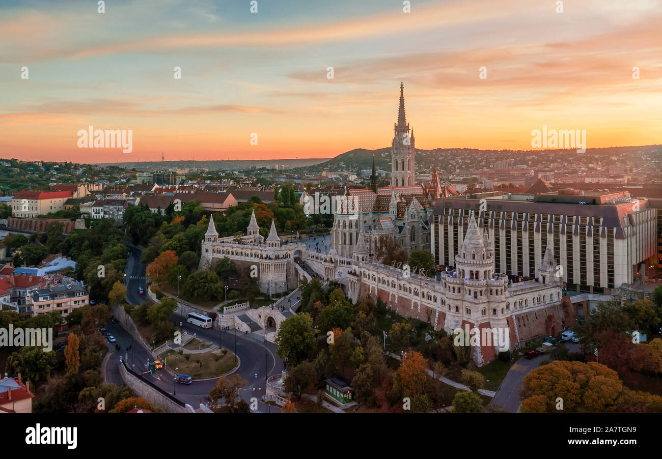 Fisherman's bastion is the famous historical building in Buda castle, Budapet Hungary. I took this picture in autumn.  Fantastic colors and mood with Stock Photo