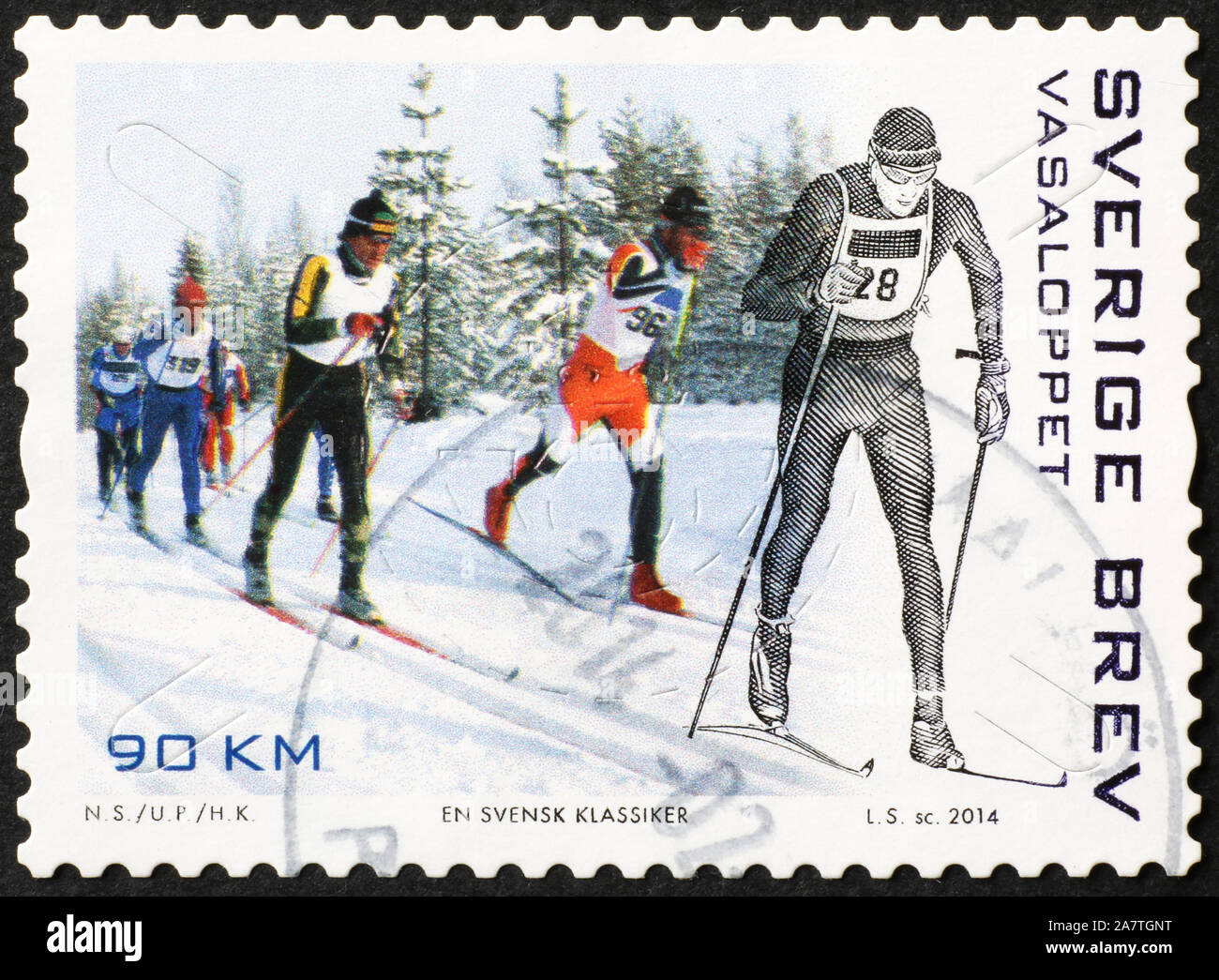 Cross-country ski race Vasaloppet on swedish stamp Stock Photo