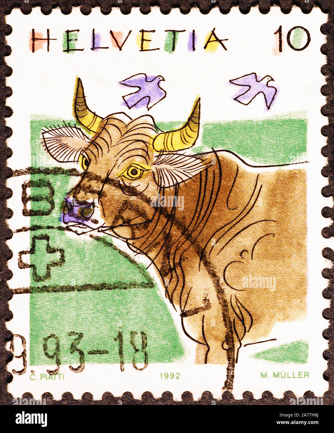 Cow on swiss postage stamp Stock Photo - Alamy