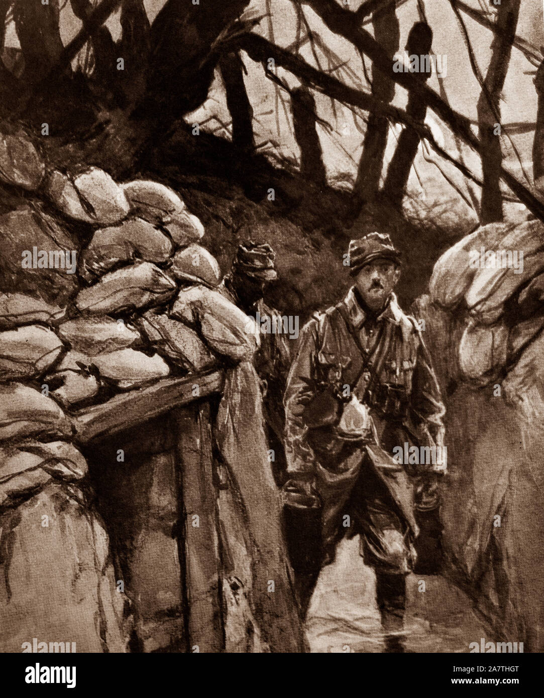 A Poilu or French Infantrymen, wading through rainwater in a trench at Notre Dame de Lorette  following the Battle of Arras (also known as the First Battle of Arras, 1–4 October 1914), an attempt by the French Army to outflank the German Army, which was attempting to do the same thing during the 'Race to the Sea'. Stock Photo