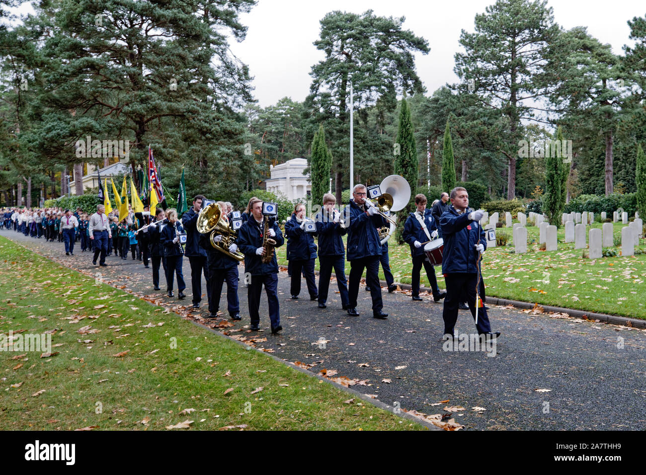 Sun 3rd Nov 2019. Brookwood Military Cemetery, UK. 1st Claygate Scout & Guide Band lead members of the scouting movement to the service. Stock Photo