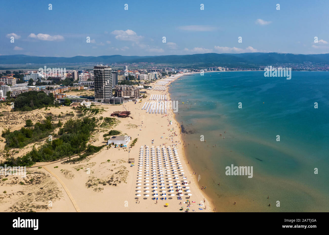 Aerial view to the beach of sea resort Sunny Beach, Bulgaria Stock Photo