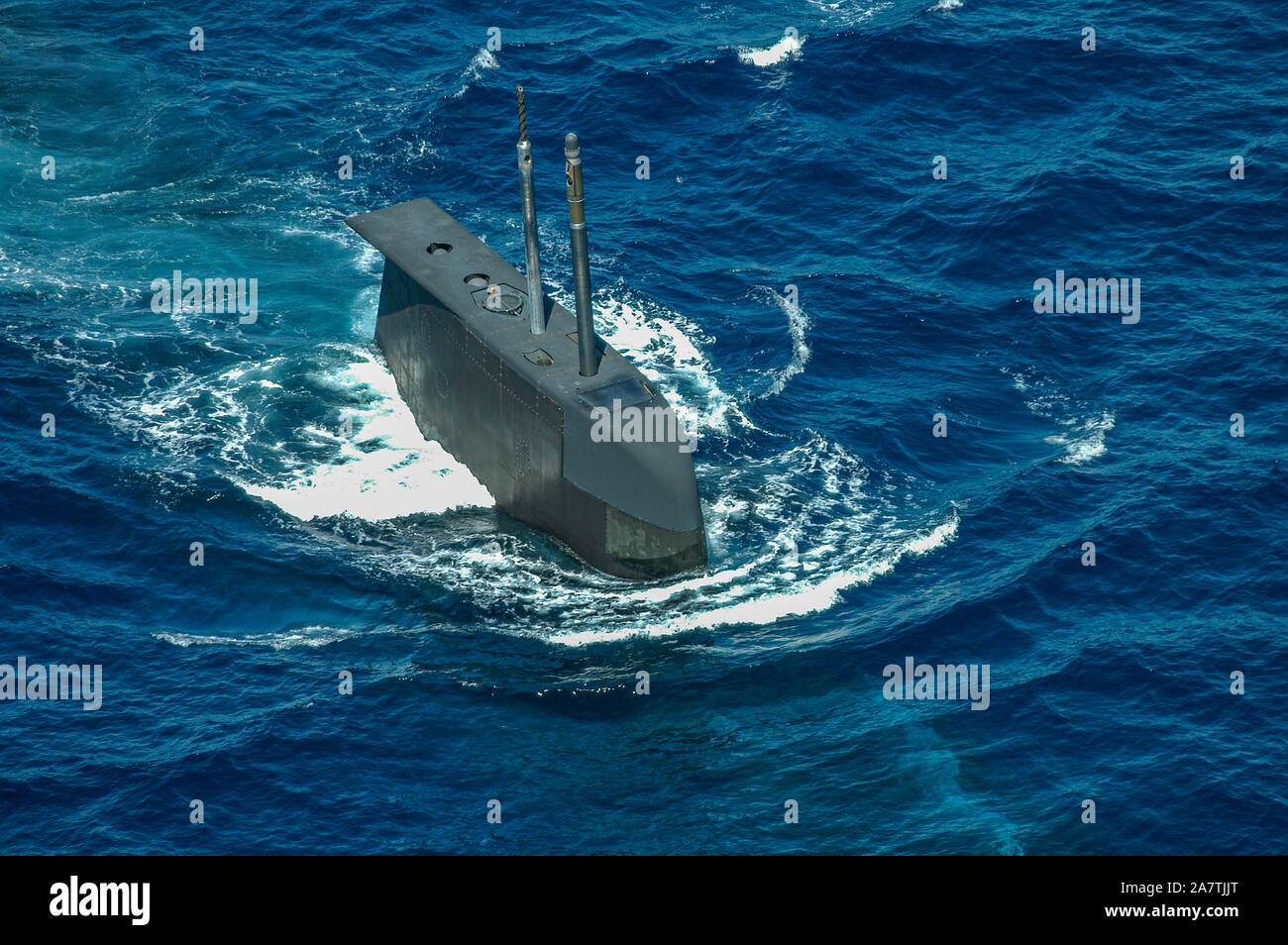 An aerial view of an RAN submarine (HMAS Rankin) conning tower, or sail