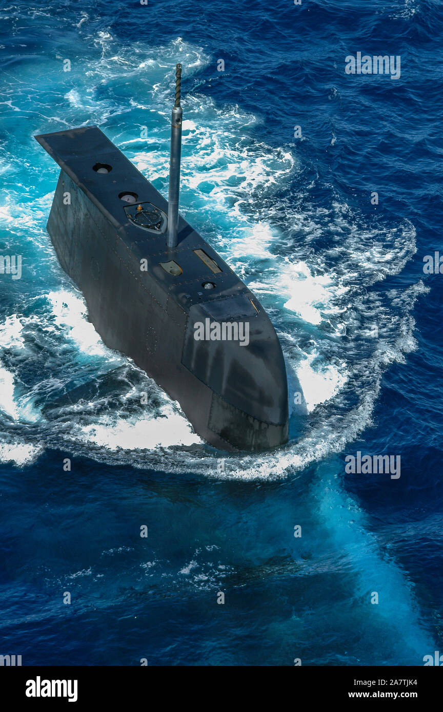 An aerial view of an RAN submarine (HMAS Rankin) conning tower, or sail