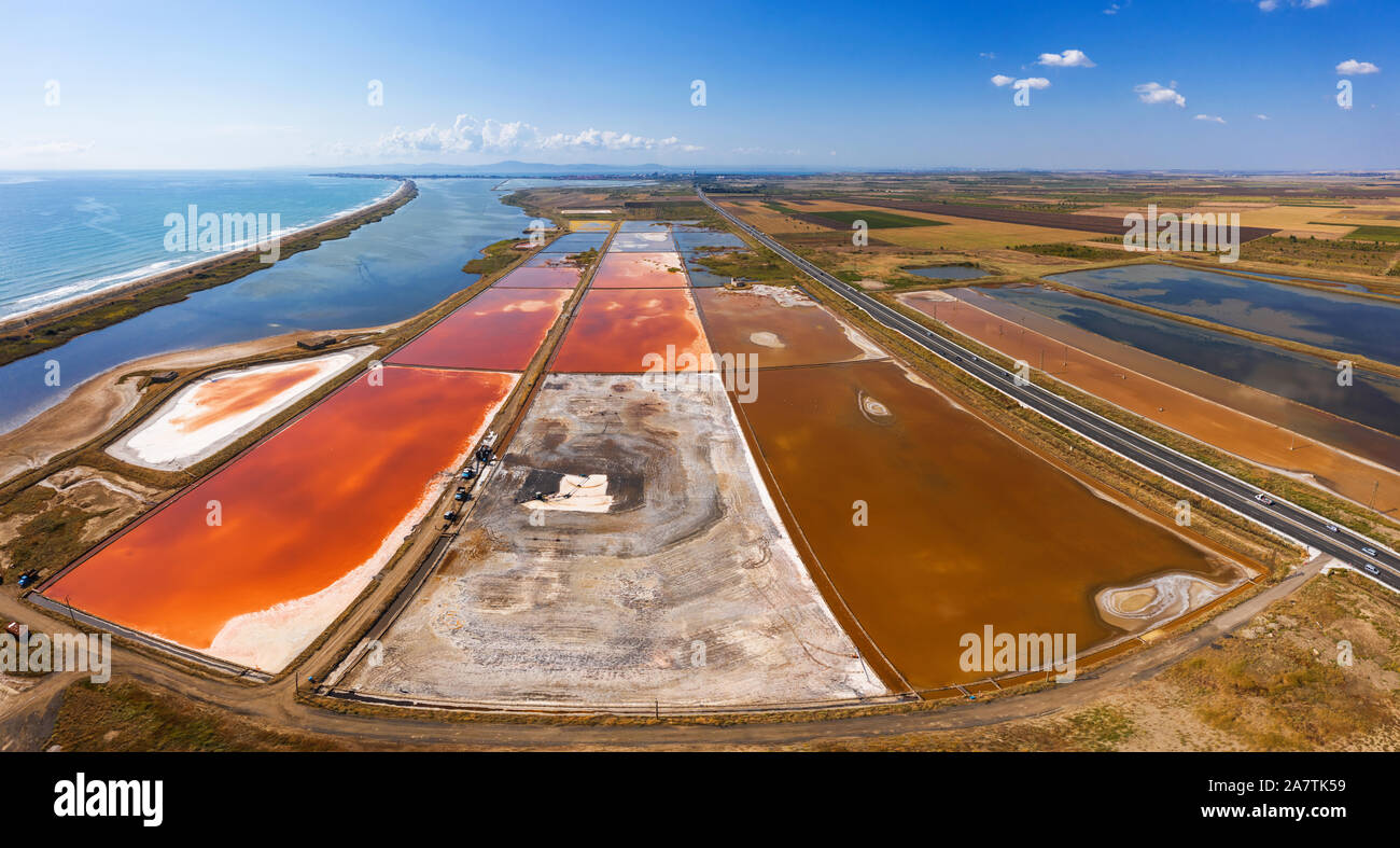 Aerial drone view of colorful salt marsh near to Pomorie, Bulgaria Stock Photo