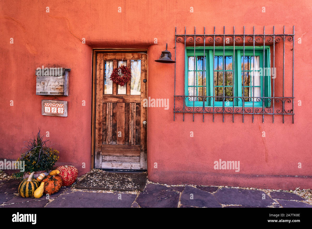 Pueblo style adobe architecture in Santa Fe, New Mexico Stock Photo