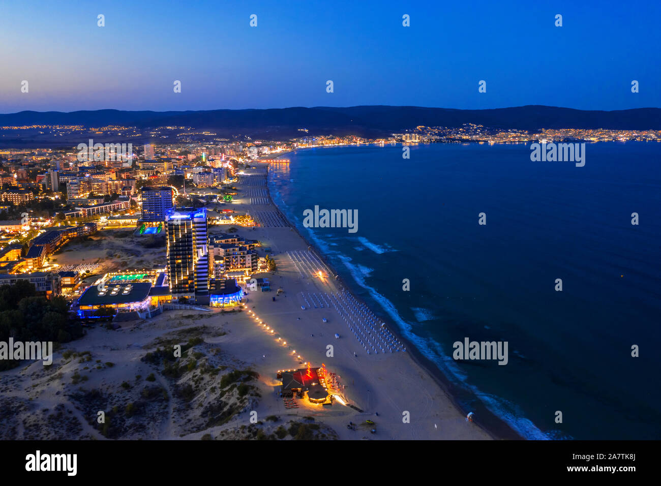 Aerial drone view at night to the beach of sea resort Sunny Beach, Bulgaria Stock Photo