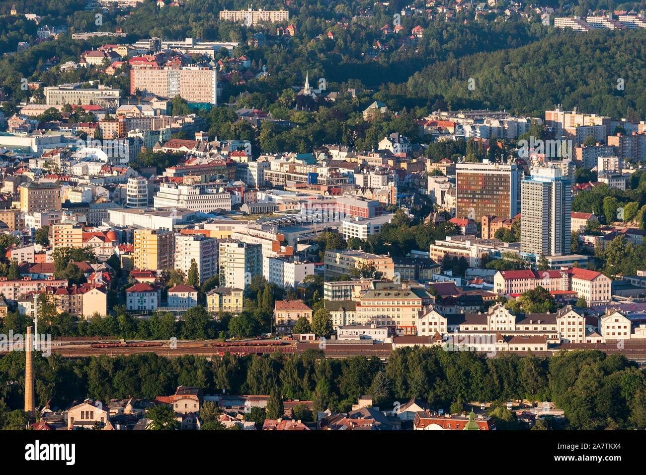 Liberec City on aerial photograph from hot air balloon Stock Photo