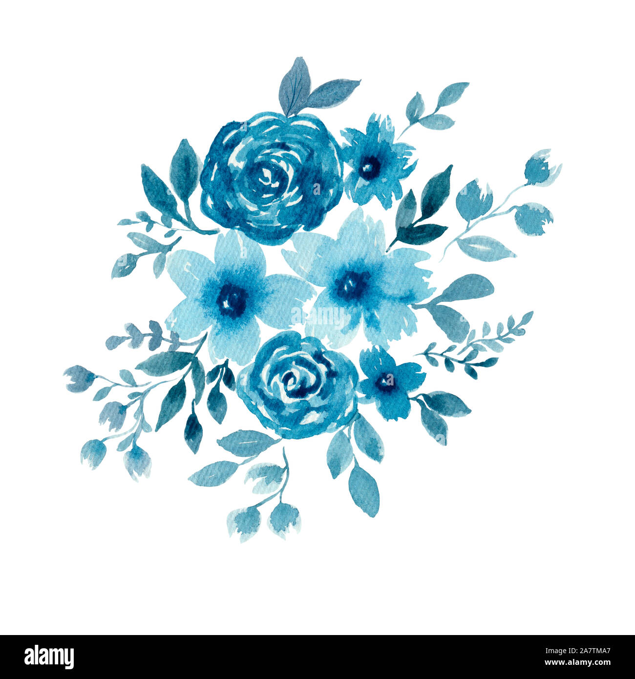 abstract floral background with blue flowers isolated on white, watercolor  winter floral bouquet Stock Photo - Alamy