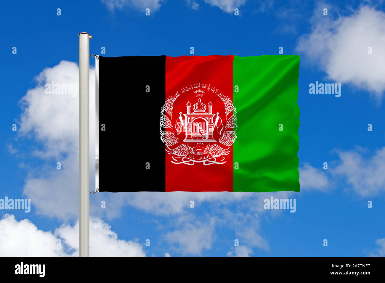 Afghanistan, Taliban, Binnenstaat, Südostasien, Flagge, Nationalflagge, Fahne, Nationalfahne, Cumulus Wolken vor blauen Himmel, Stock Photo