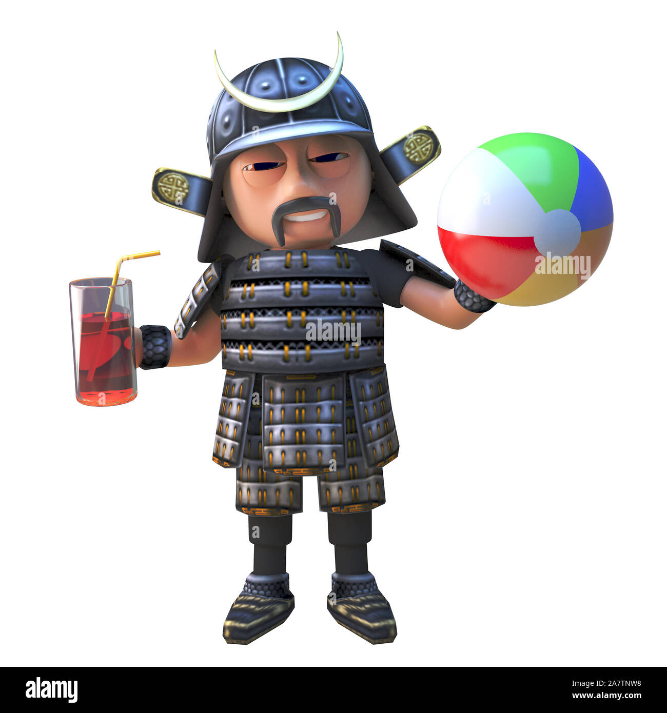 Cartoon 3d samurau warrion character in armour drinking and holding a beach ball, 3d illustration render Stock Photo