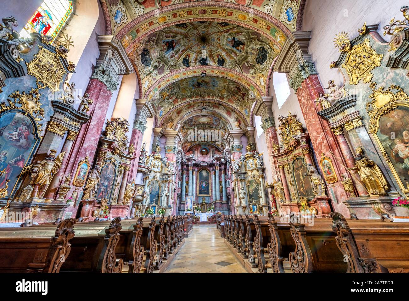 Interior of baroque Church of the Holy Ghost and Monastery Minorits in Levoca, Slovakia Stock Photo