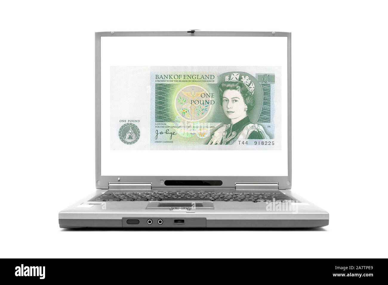 Laptop zeigt eine 10 Pfund Note, GBP, England, Grossbritannien, Geldschein, Banknote, Stock Photo