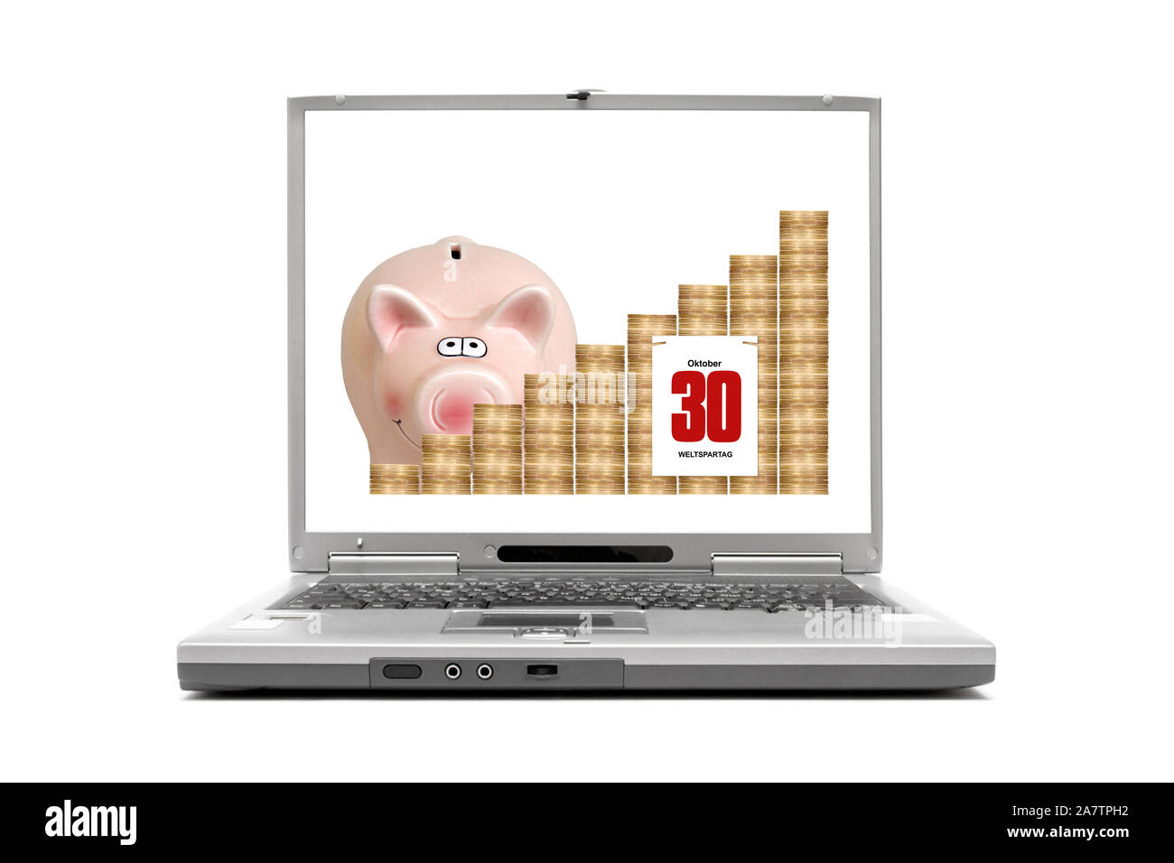 Laptop zeigt Sparschwein, Euro, Münzen, Weltspartag, 30. Oktober Stock Photo