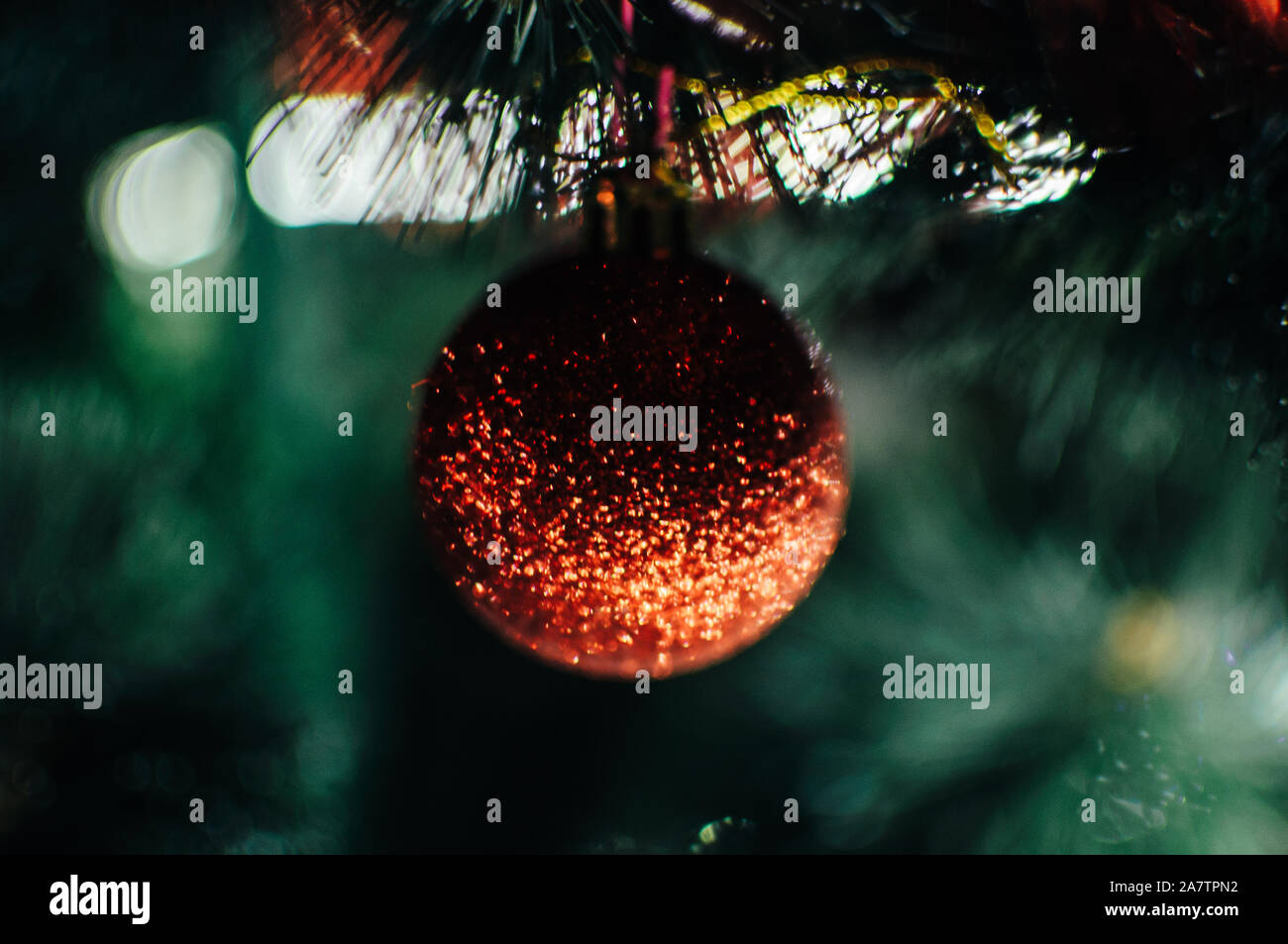 Decorated Christmas Tree Close Up Red Balls And A Garland With