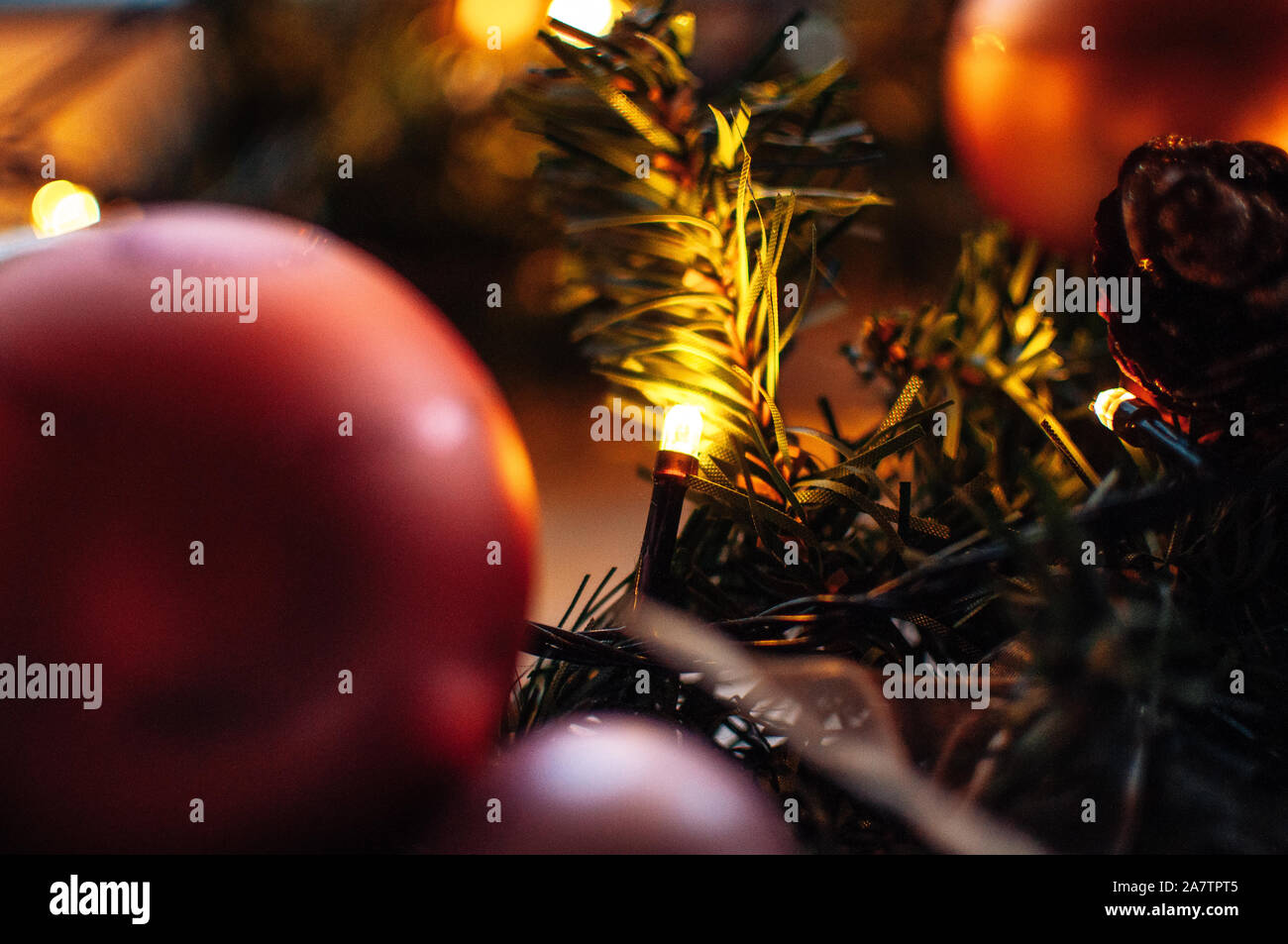 Decorated Christmas Tree Close Up Red Balls And A Garland With