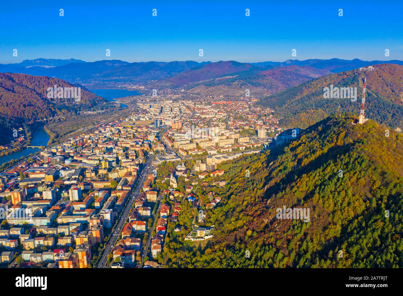 Aerial view of mountain city, autumn landscape at Piatra Neamt in Romania Stock Photo