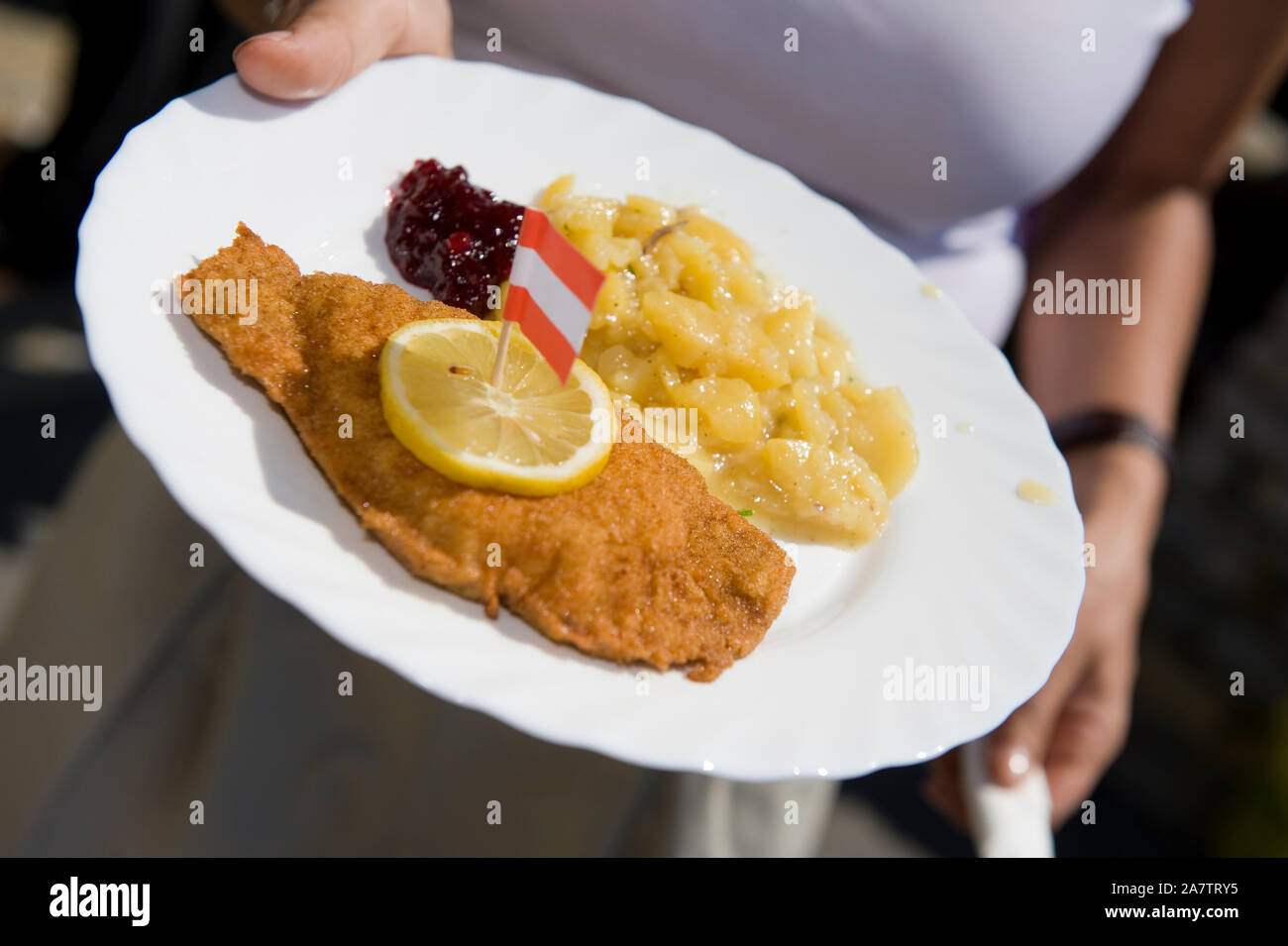 Wiener Schnitzel mit Kartoffelsalat, Hochzeitsfeier, Mittagessen, Zitronenscheibe, Fahne, Österreich, Stock Photo