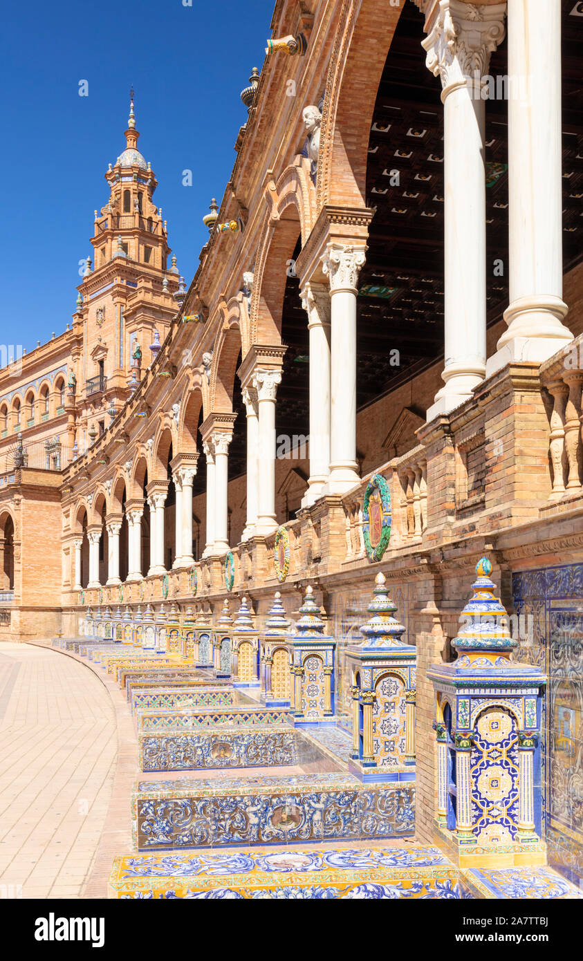 Decorated arches and tiled alcoves in the Seville Plaza de España Seville Maria Luisa Park Seville Spain seville Andalusia Spain EU Europe Stock Photo
